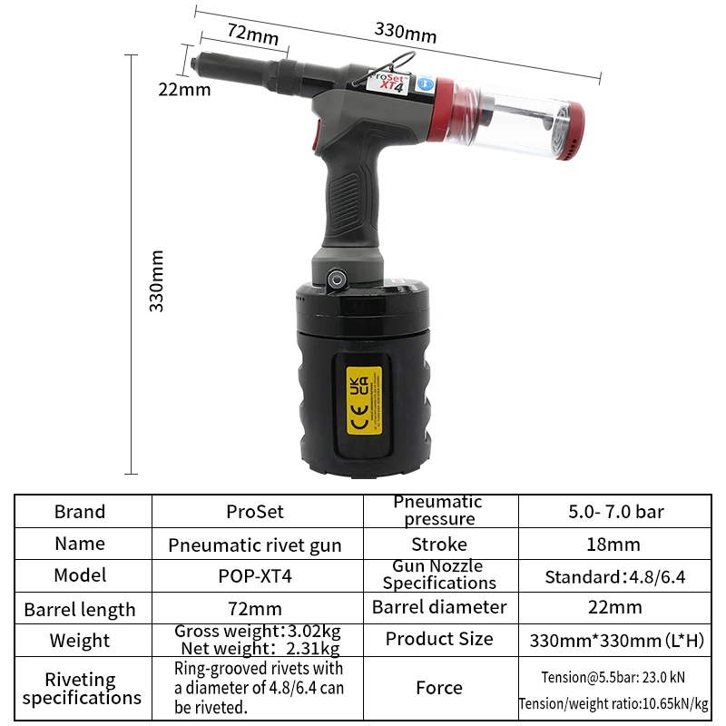 Proset XT4 الصناعية الهوائية البوب برشام بندقية لأداة قفل المسامير الأخدود الدائري