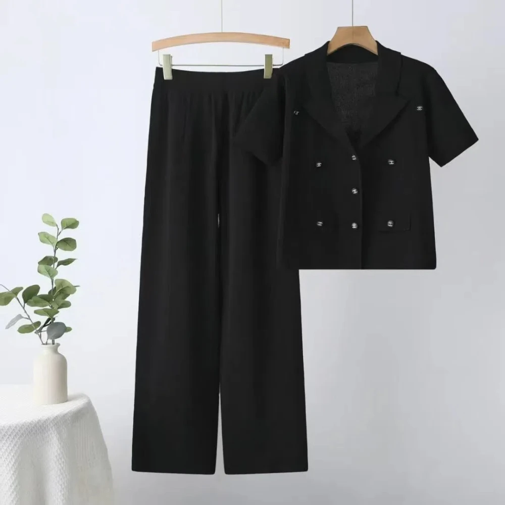 Setelan Santai Atasan Lengan Pendek Rajutan Kerah V Baru Musim Semi dan Musim Panas Wanita, Celana Kaki Lebar Pinggang Tinggi Set Dua Potong