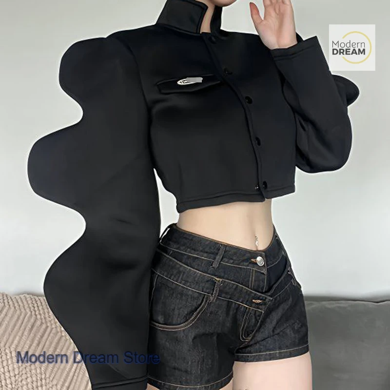 American drag cool function wind three-dimensional wave black long-sleeved coat female design sense umbilical short coat autumn