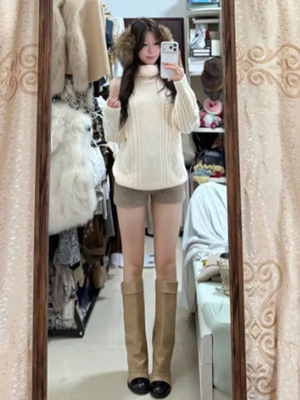

Korean Lazy Sle High-End Super Beautiful oulder-Baring High Collar Sweater Women Winter Design Unique Knitted Top