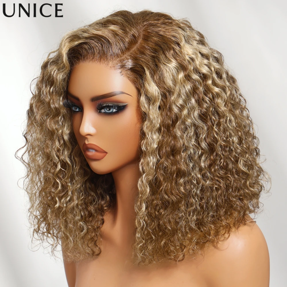 UNice 7x5 Bye-Bye Slip™ Lace Honey Blonde Highlights Voluminous Curly Bob Wig With Drawstring 100% Human Hair Wig Pre Cut Pre Bleached Glueless Wig Ready To Wear Go 180% Density