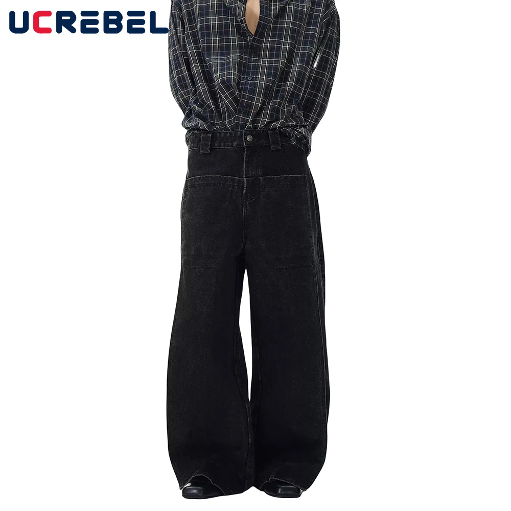 

Spliced Washed Dark Jeans Mens Pocket Retro High Street Loose Straight Wide Leg Denim Pants Men