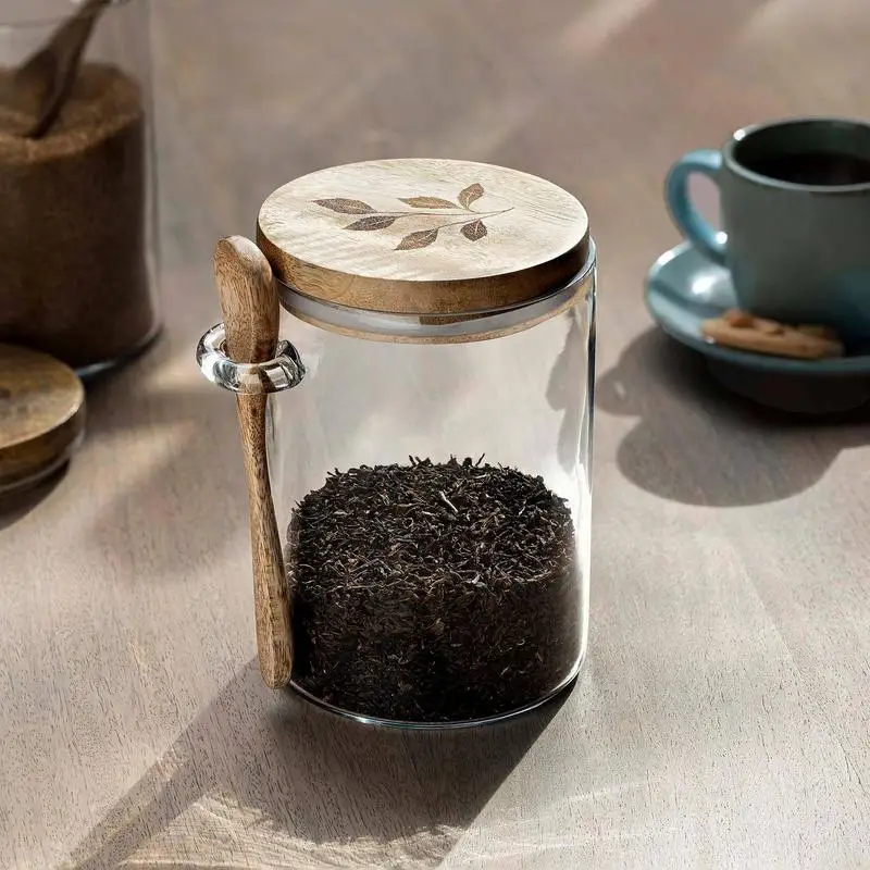 

Glass Storage Jar with Wooden Lid & Spoon for Kitchen Organization