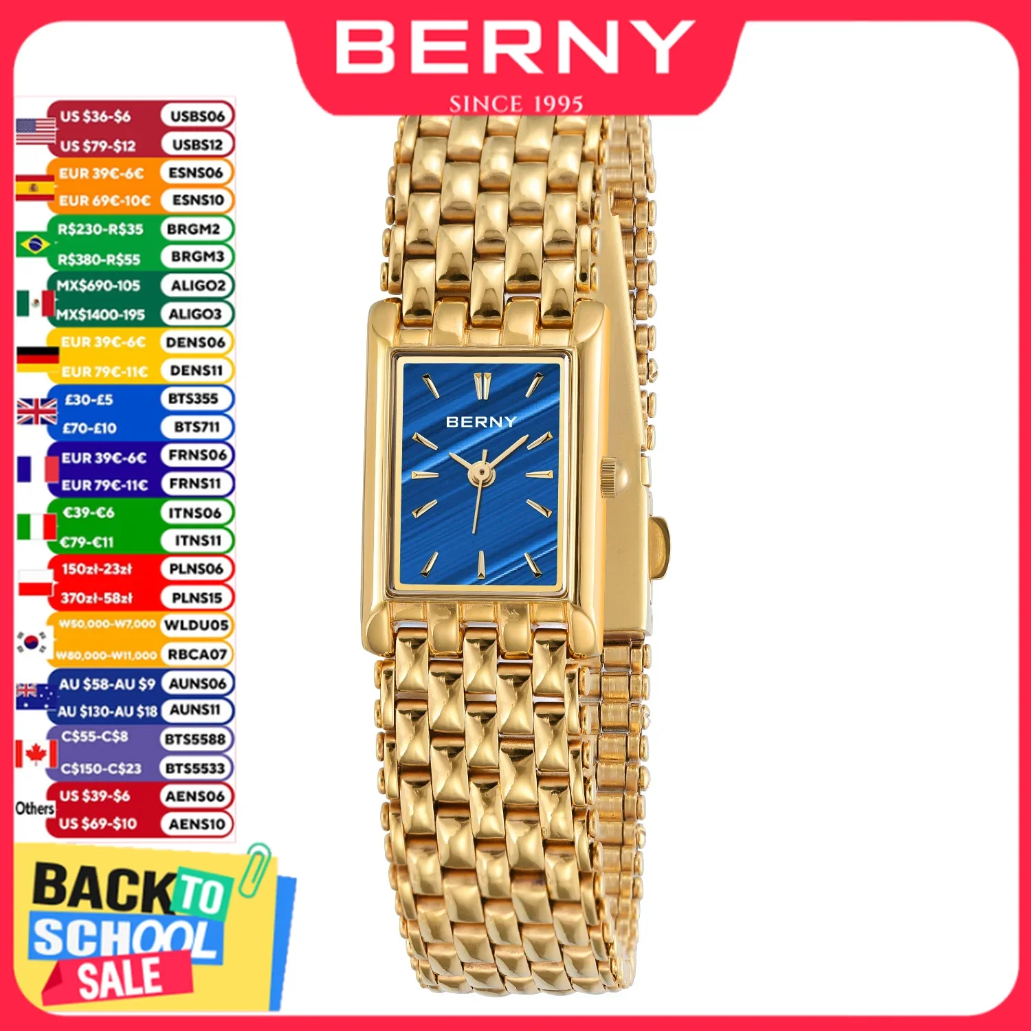 BERNY Quartz Watch For Women Glod Rectangle Luxury Waterproof Female Clock Stainless Steel Classic Fashion Ladies WristWatch