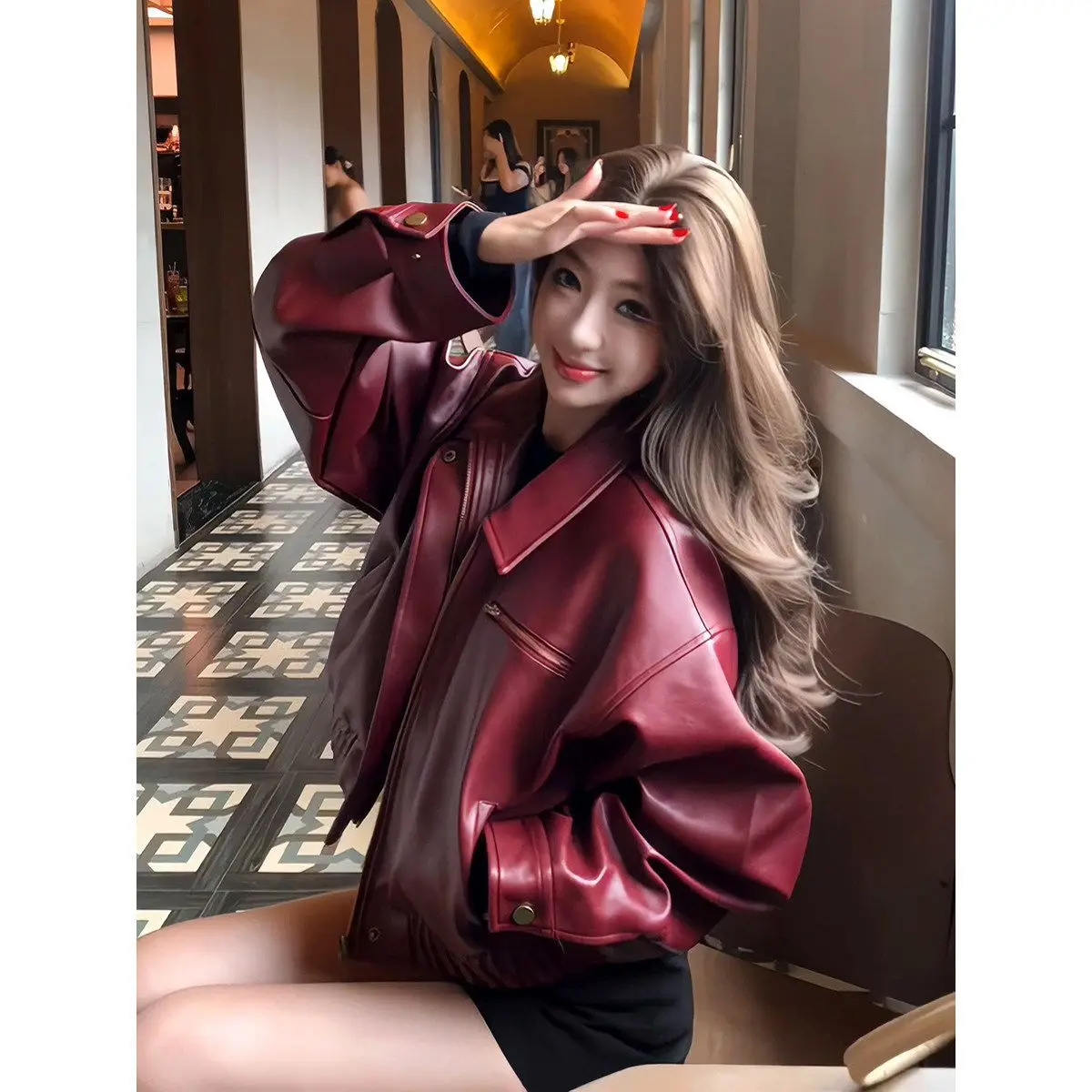 

Куртка женская в американском ретро-стиле из искусственной кожи с отложным воротником, красная, стильная, хит продаж осени 2026