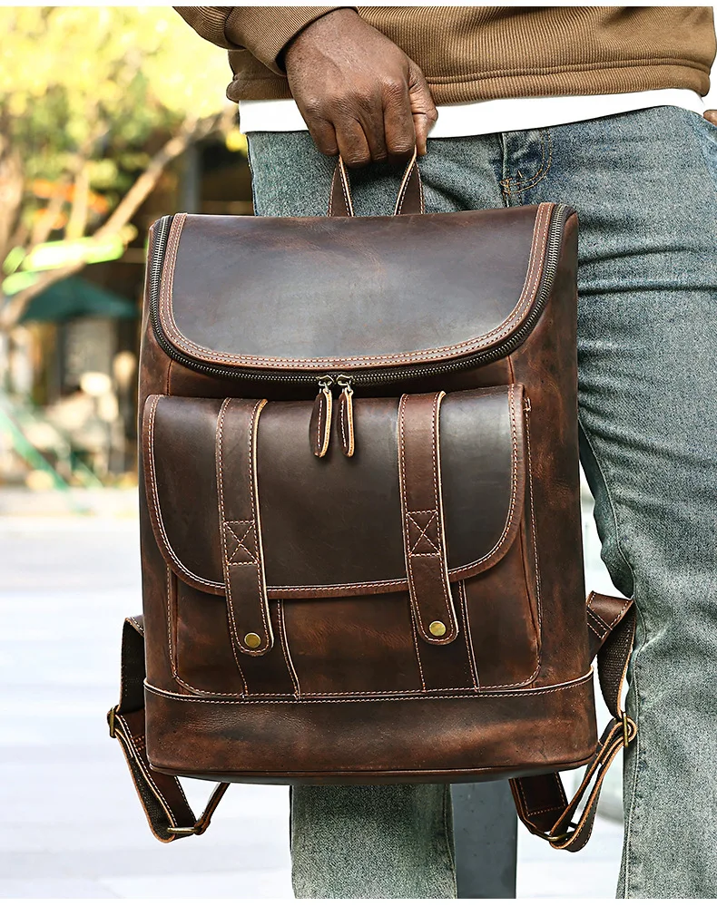 حقيبة ظهر كلاسيكية من الجلد للرجال من Crazy Horse ذات سعة كبيرة حقيبة كمبيوتر محمول للأعمال للرجال