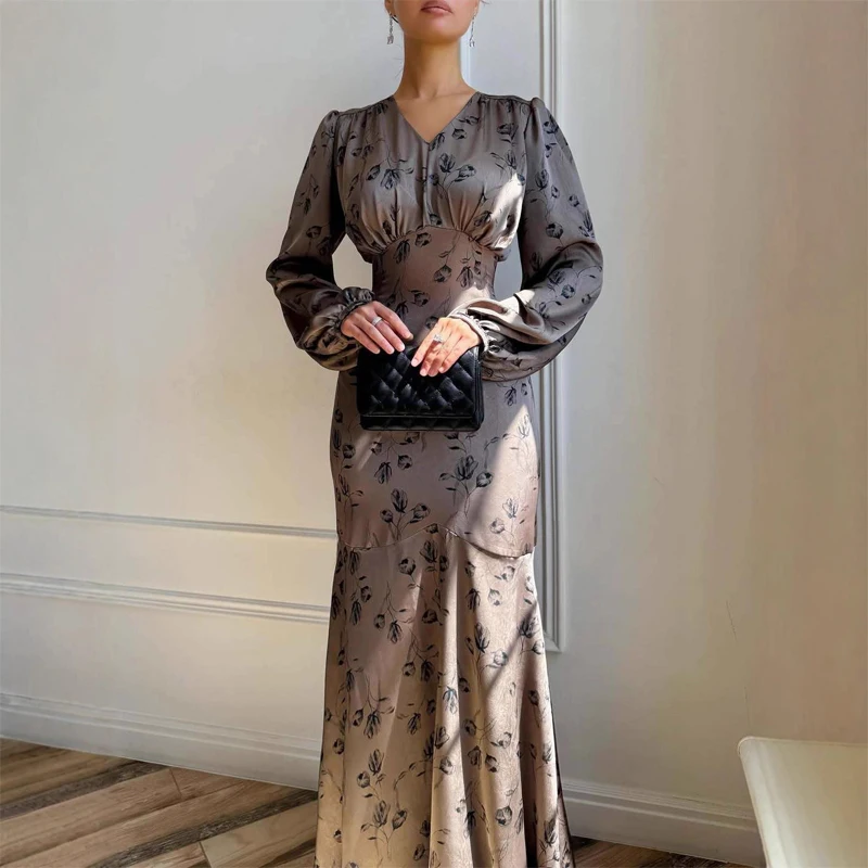 브이넥 플로럴 롱 드레스 여성 패션 긴 소매 허리 조임 하이웨이스트 새틴 맥시 가운 2026 여성 이브닝 파티 드레스
