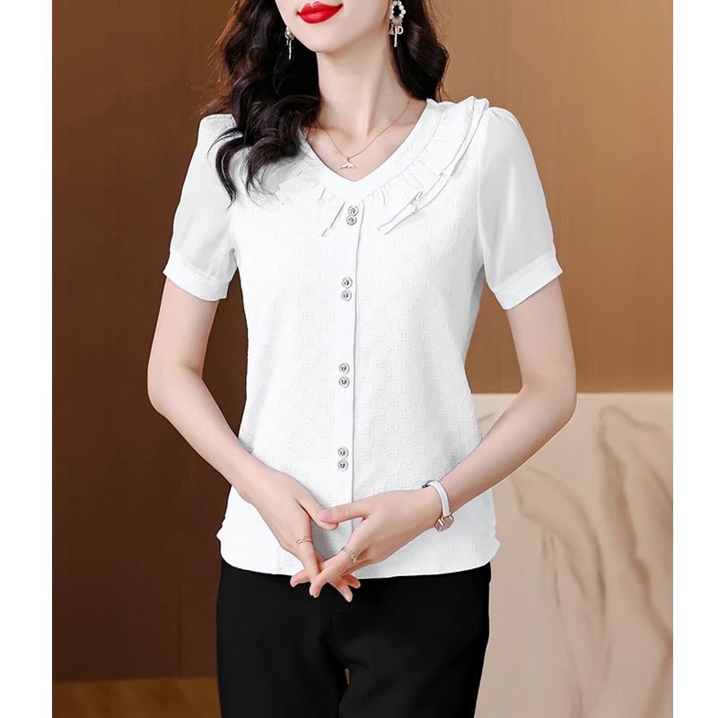 2024 Summer Women Korean Fashion Ruffle Elegant Blouse Office Lady Casual Short Sleeve Chic Shirts V Neck Solid Slim Tops Blusas