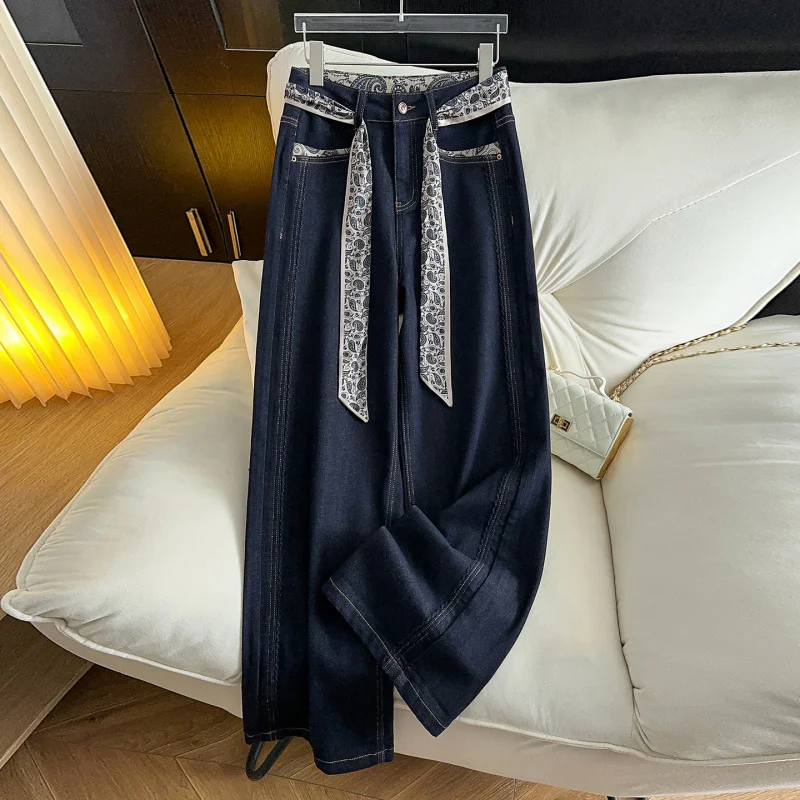 

Узкие широкие джинсы для женщин, осенняя мода, для похудения, свободный крой, драпированные, универсальные прямые длинные брюки