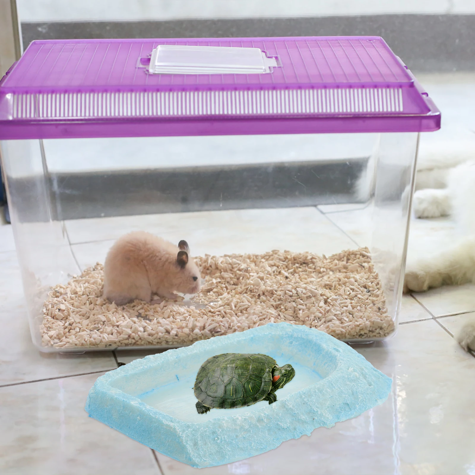 Cuenco de agua para reptiles, lavabo de comida de tortuga de resina duradero, plato de alimentación de terrario pequeño azul para leopardo, Gecko, lagarto, araña