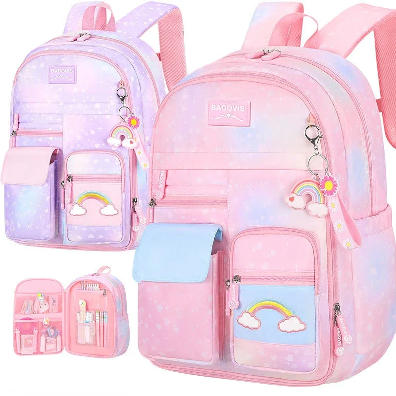 New School Bag for Girls in Grades Three To Six Little Princess Bag Cute Rainbow Print Children's Waterproof Travel Rucksack