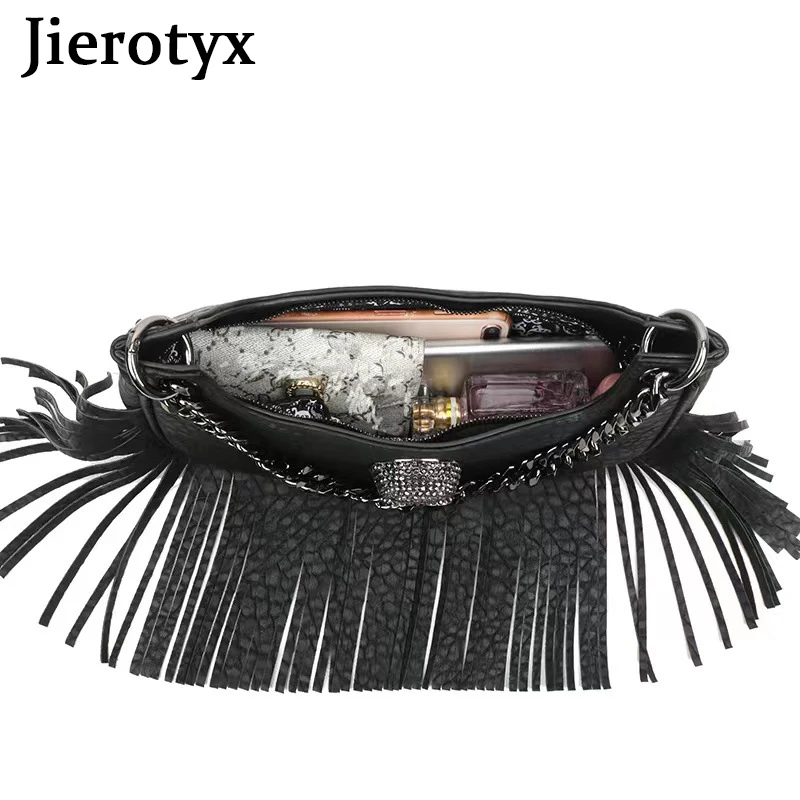 JIEROTYX Skull Face Fringed Hobo Shoulder Bag for Women Gothic Purse Black Leather Crossbody Handbag Purse Chain Decor