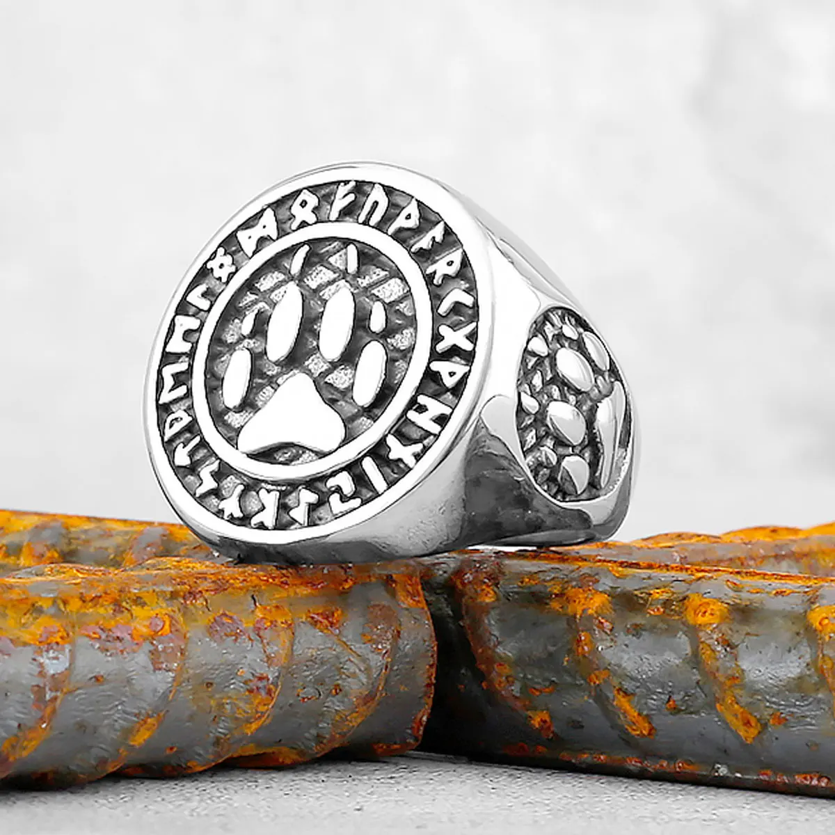 Norse Mythology Rune Ring Viking Bear Paw Stainless Steel Mens Rings Punk Hip Hop Rock for Male Boyfriend Jewelry Gift Wholesale