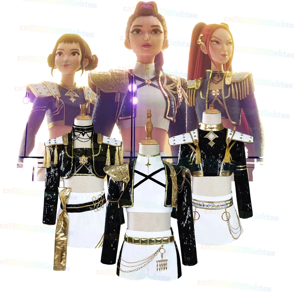 

Adult Women Kpops Cosplay Costume Hunters White Golden Outfit Set Jacket Vest Necklace Pants for Halloween Party