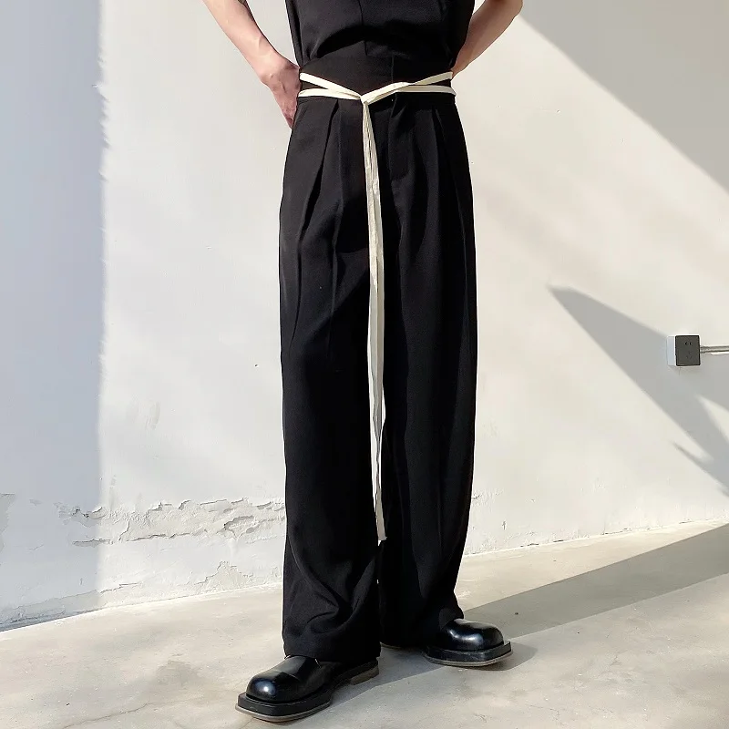 

2023Streetwear Loose Waist Casual Japan Men Straight Rope Wide Leg Pant Male Korea Fashion Vintage Long Suit Trousers For