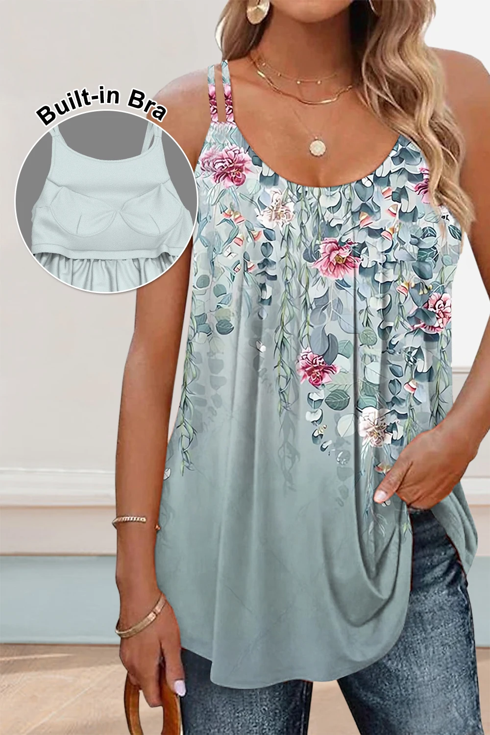 

Plus Size Casual Dusty Blue Floral Print Fold Cami With Built In Bra
