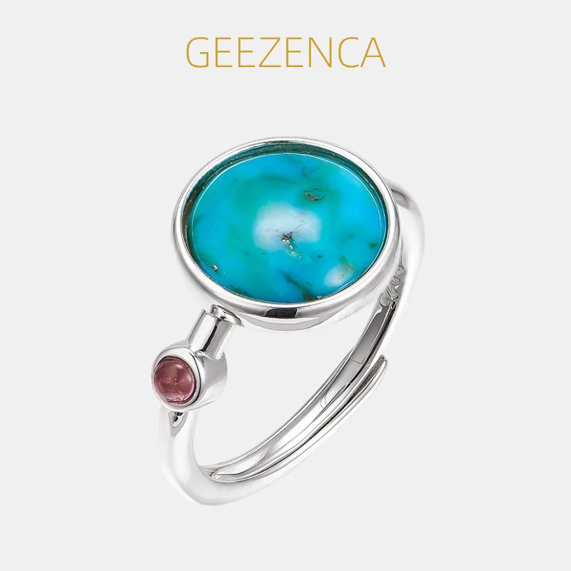 

GEEZENCA 925 Sterling Silver Turquoise Round Birthstone Open Rings Women Simple Minimalist Dainty Fashion Adjustable Ring Gift