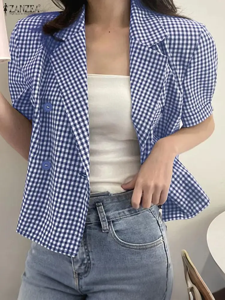 

ZANZEA Elegant Chic Women Short Blazer 2026 Spring Fashion Lapel Neck Short Puff Sleeve Checked Suit Jackets Woman Outerwear 3XL