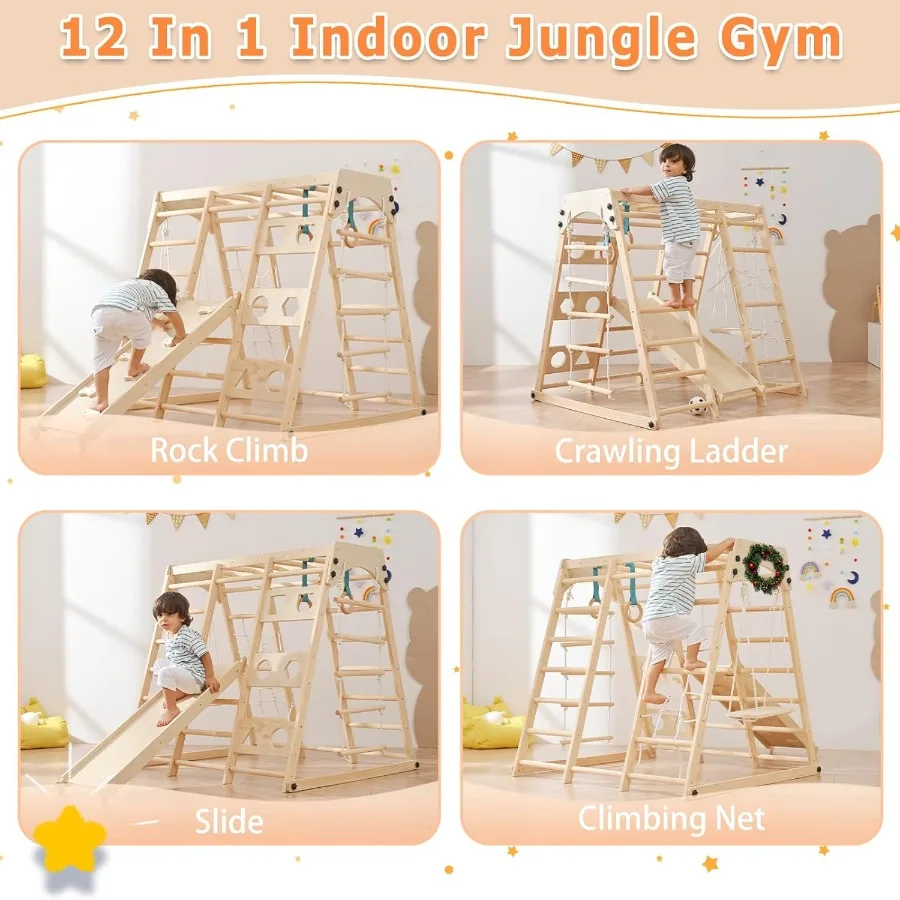 Juego de escalada plegable para niños pequeños 12 en 1, con tobogán, red de roca, barras de mono, tablero de dibujo, columpio y recogedor