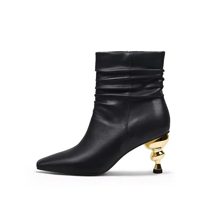 

European and American Fashion Contoured Heel Short Boots Women Boots Sexy Small Square Head Pleated Cowhide Women's Boots