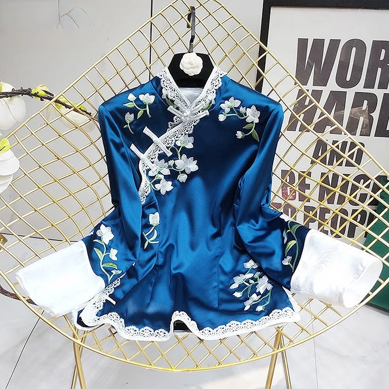 Çin Tarzı Cheongsam Üst Kadın Uzun Kollu Standı Yaka Dantel Patchwork Çiçek Baskı Vintage Toka Tang Bluz Kadın Gömlek