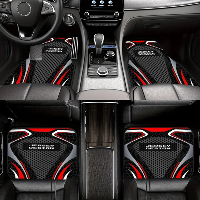 4pcs Polyester Fiber Red And Blue Metallic Geometric Pattern Printed Car Floor Mats, Universal Car Interior Mats for Sedans Suvs