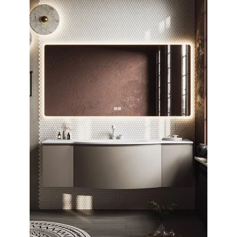 

Modern simple cream wind bathroom cabinet combination arc special-shaped rock slab hot bending integrated basin