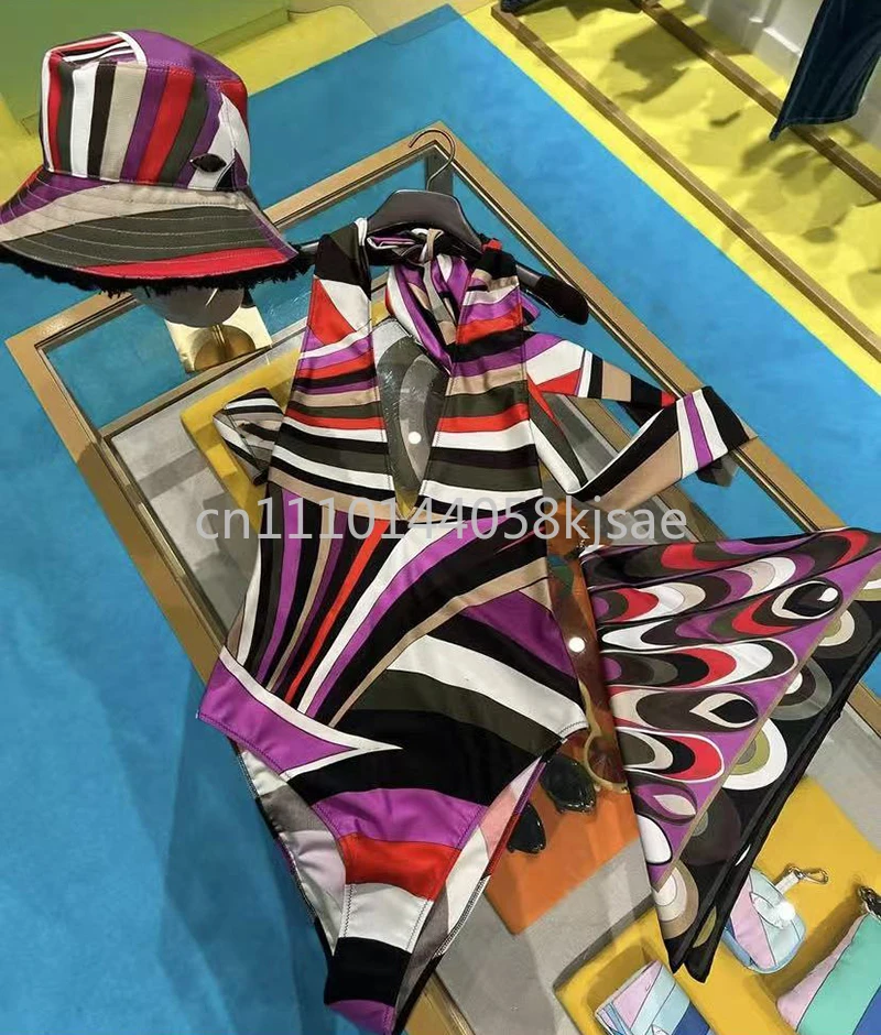 

Элитные дизайнерские женские купальники с фиолетовым шарфом, пляжная одежда с фирменным логотипом, дизайнерские брендовые комплекты бикини с повязкой на голову для женщин