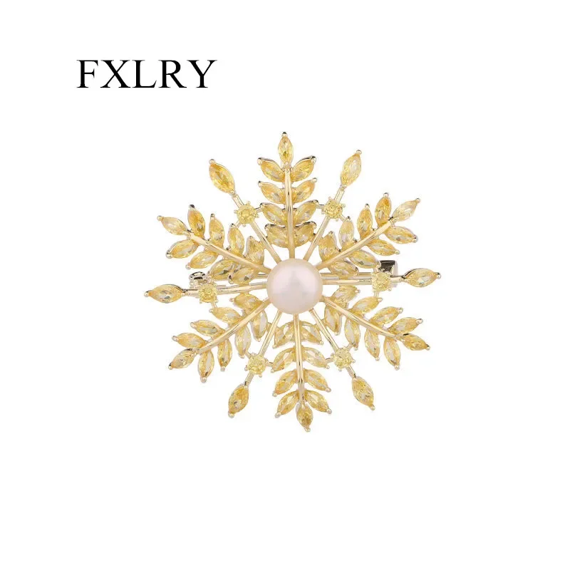 FXLRY Elegant Micro Pave Cubic Zircons Natural Freshwater Pearl Snowflake Brooch For Women Autumn And Winter Coats Corsage Acces