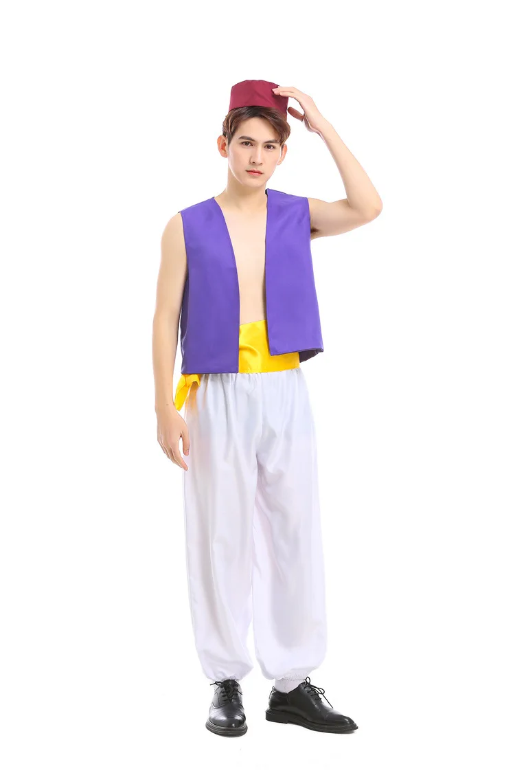 Prince Aladdin Lamp Cosplay Halloween Stage Costume Adult Clothes Set Pants with Hat Jasmine MV Clothing for Man