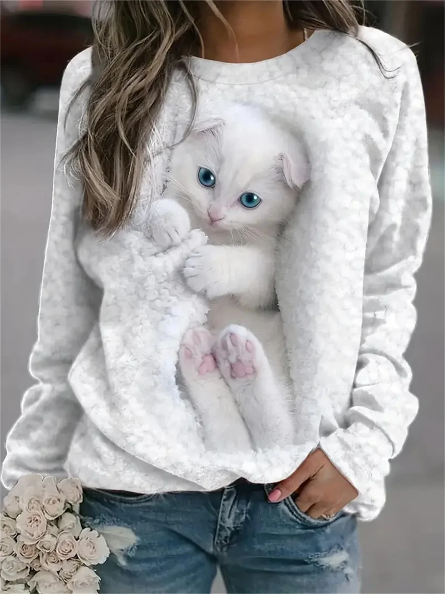 2023 Women’s Cute Kitten Series Fashionable, Comfortable and Soft Printed Large Size Round Neck Pullover Sweatshirt