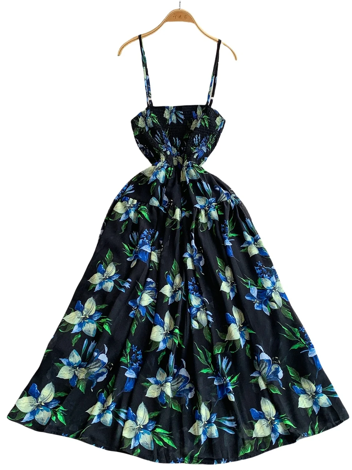 Bedrucktes Hosenträgerkleid für Damen, Sommer, elastisch, plissierte Taille, schlankes langes Kleid, Party, Boho, Strandurlaub