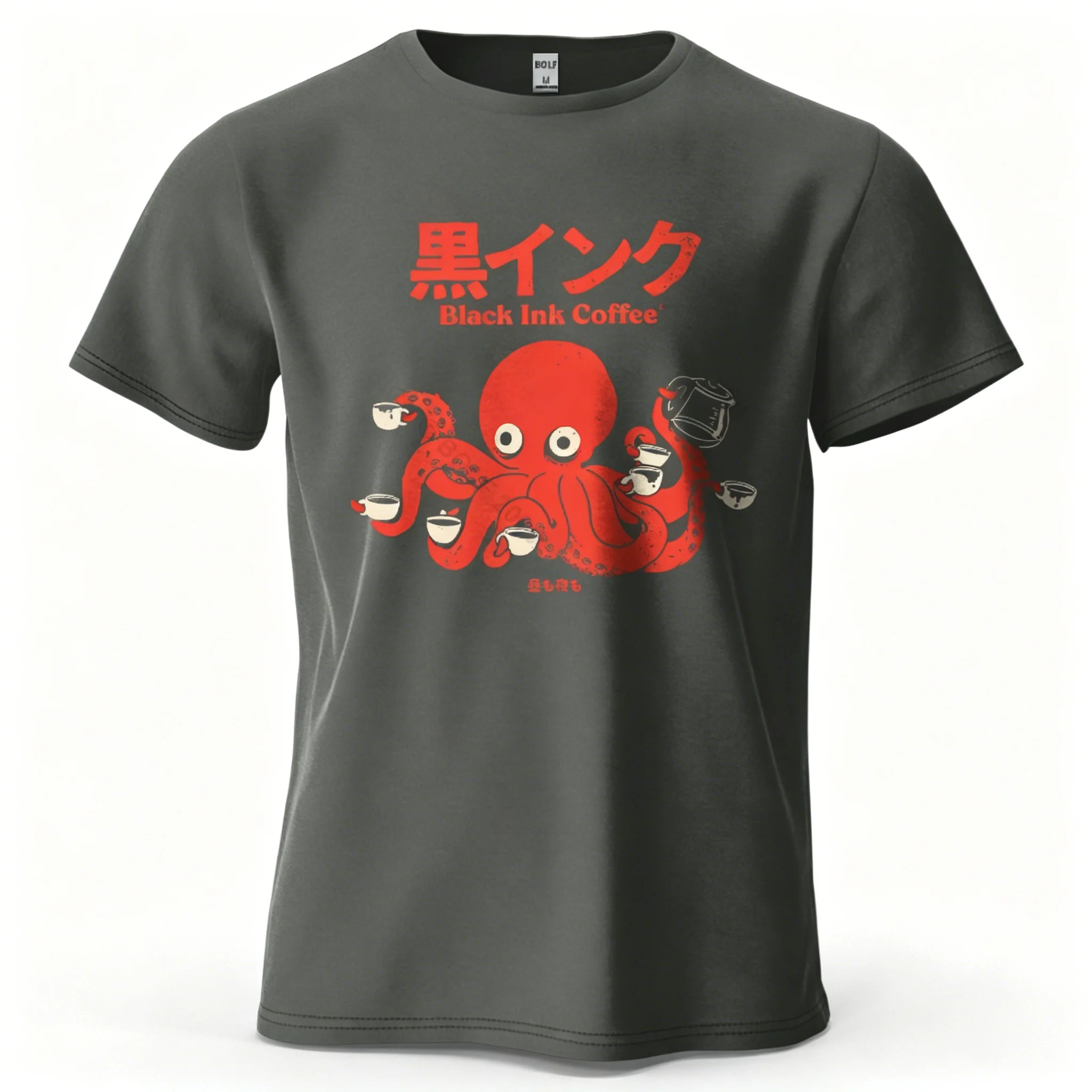 Unisex Octopus Coffee "Black Ink Coffee" T-Shirt mit japanischer Textgrafik, lässig, Rundhalsausschnitt, kurze Ärmel, lockere Passform, Baumwolle, Streetwear – Detail 14