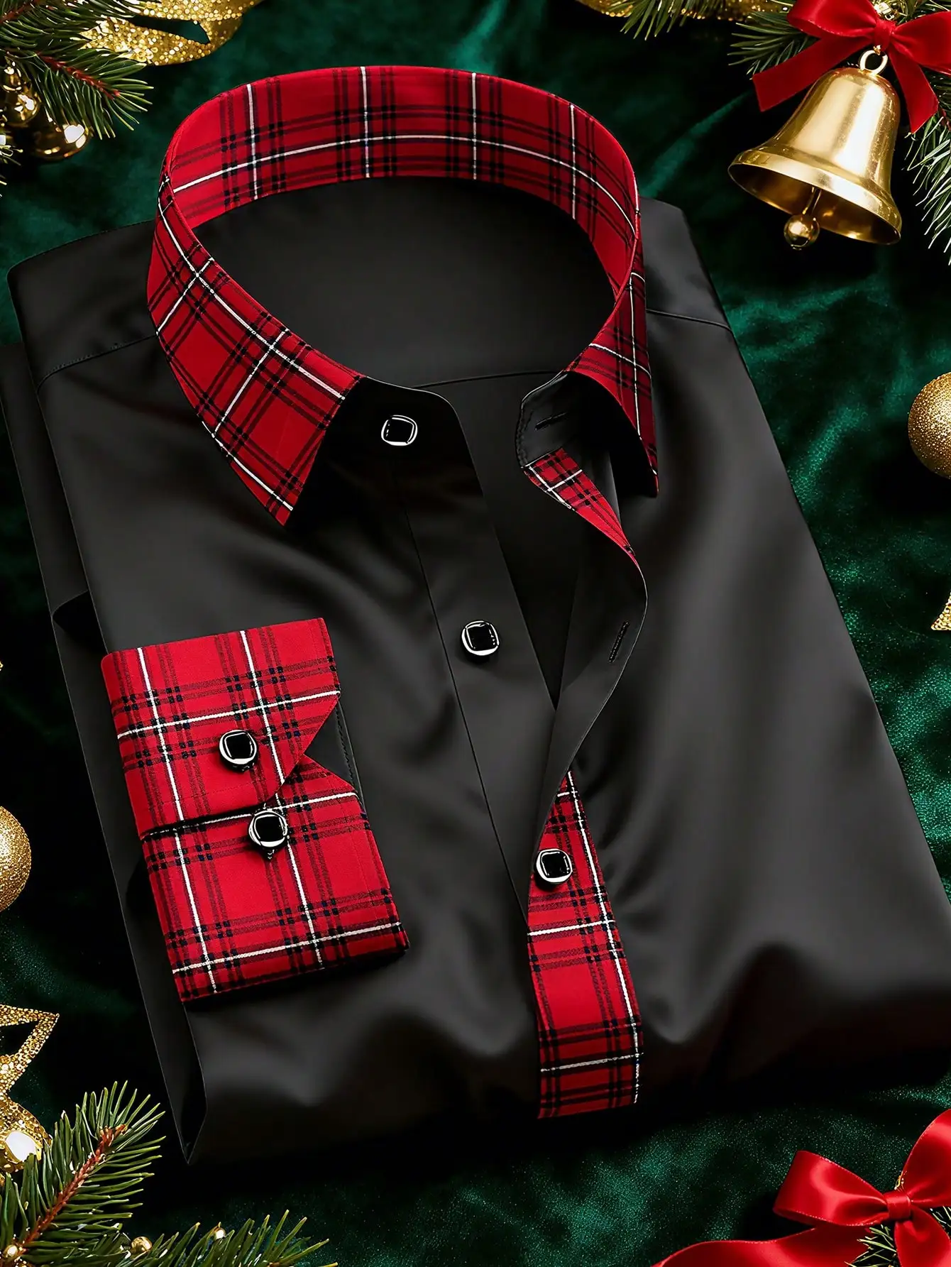 

Men's Slim Fit Formal Shirt with Red Plaid Collar and Cuffs, Polyester, Long Sleeve