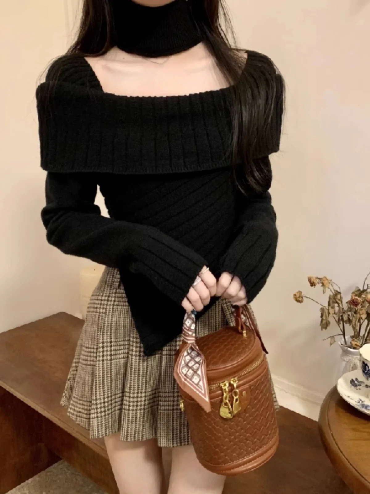 Ele Top tricoté à une épaule pour femme automne hiver couverture irrégulière Ne rouge pull du nouvel an coupe ajustée longue Sve ort...