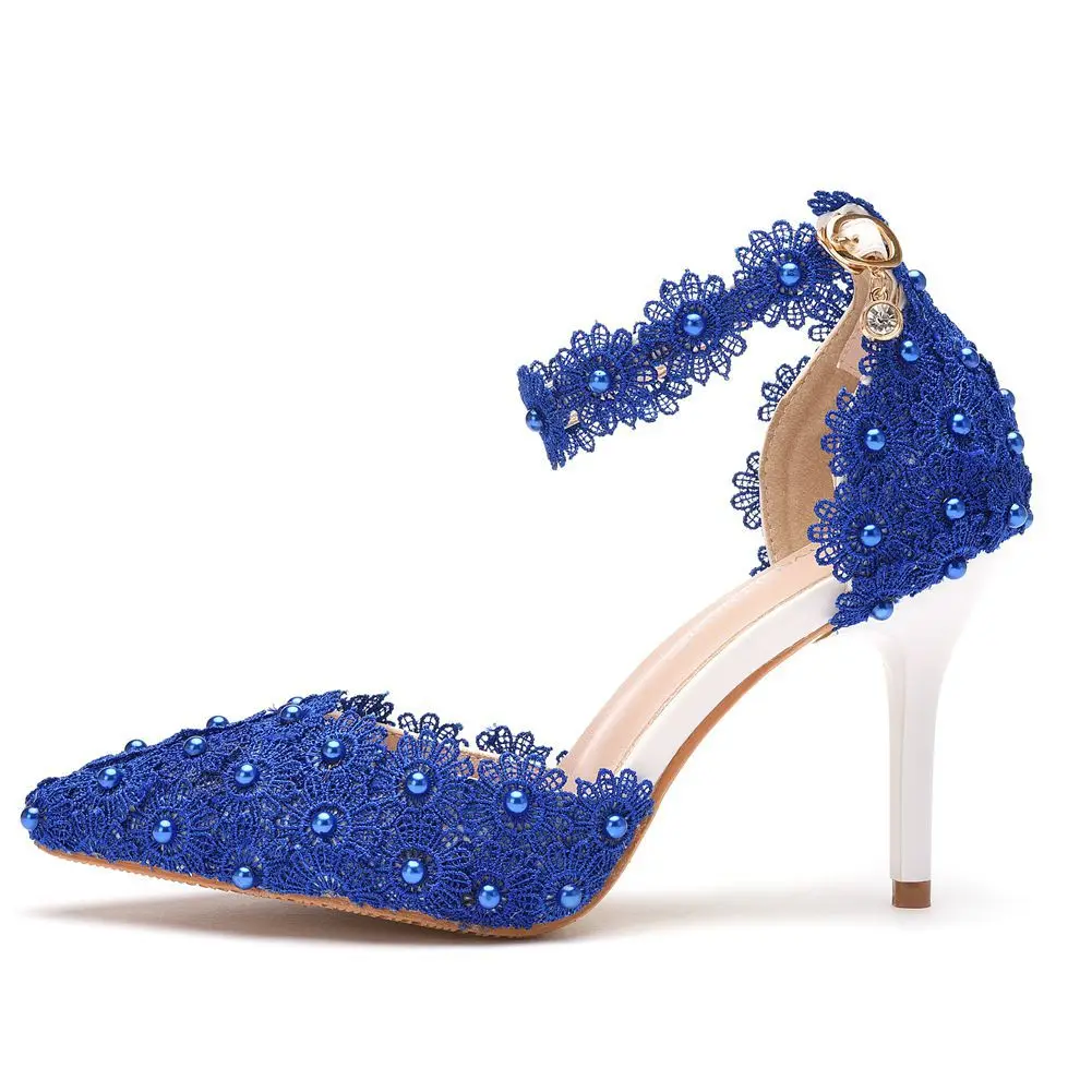 Sandals Slingback Women Pumps Party Lace String Bead PU 9.5CM Thin High Heels High Quality Sandals Elegant Woman Shoes White image 4