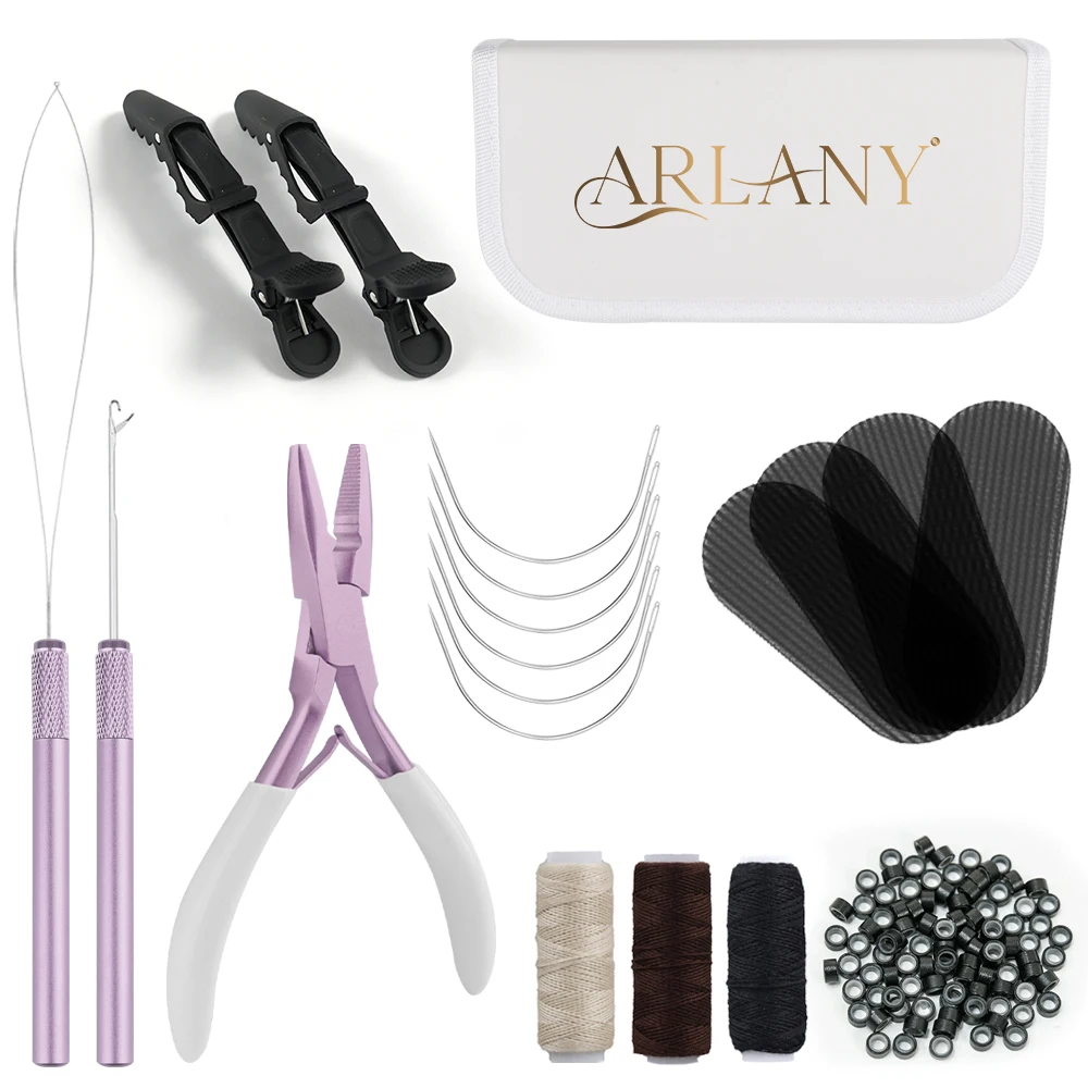 

Набор инструментов для наращивания волос ARLANY: щипцы для микролинков, крючок для протягивания волос, устройство для нанизывания бусин, 500 силиконовых микропучков 5 мм