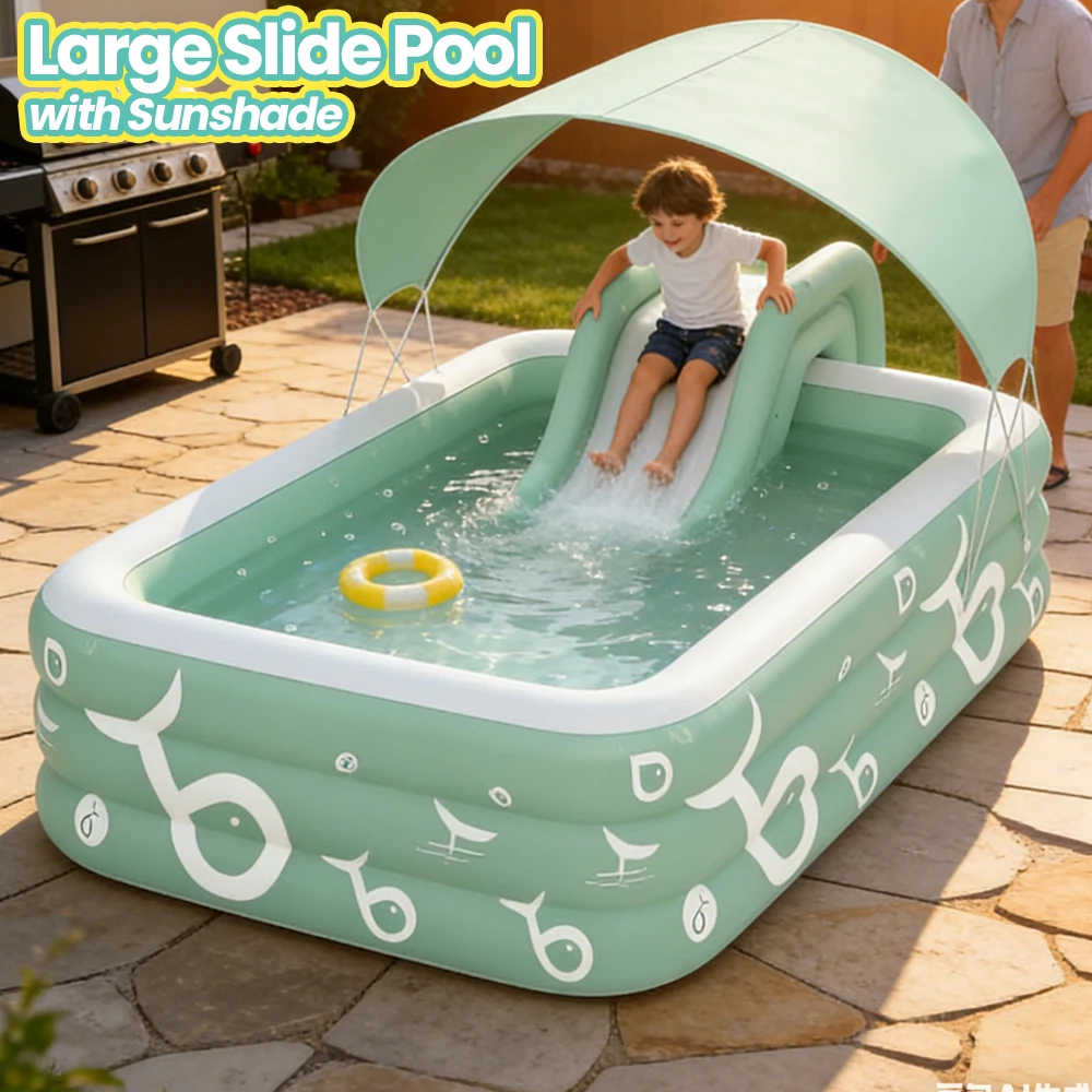 

Большой надувной бассейн с горкой и навесом, компактный семейный надувной бассейн для сада и двора, водные развлечения для детей