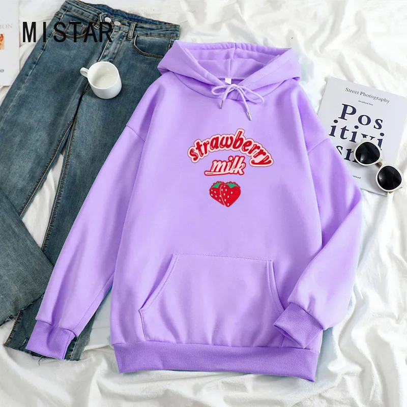 Kawaii Strawberry Milk Sweatshirt Hoodie Women Loose Streetwear Clothing Graphic Pullover Women Harajuku Pink Hoodie Cute Coat