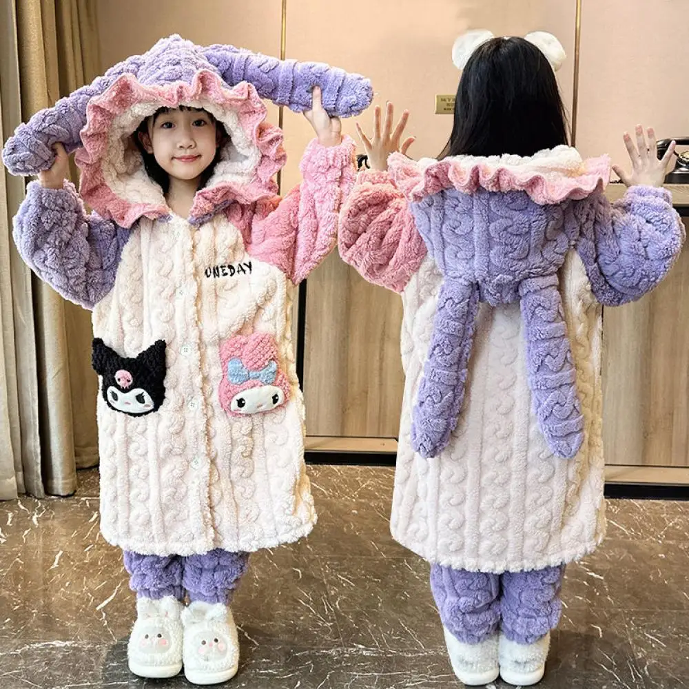 Kawaii Sanrio My Melody Cinnamoroll Kuromi Girls Coral Velvet Nightgown Casual Loose Children's Autumn Winter Thickened Homewear