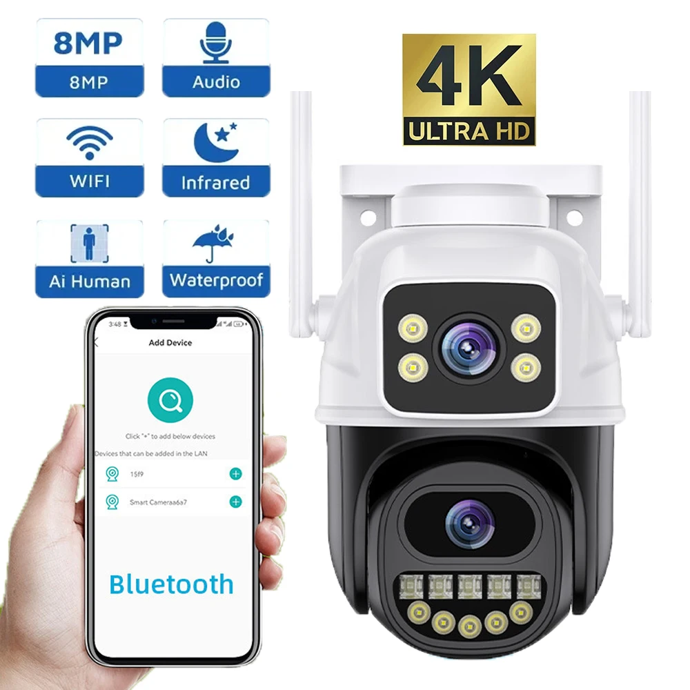 4K 8MP Outdoor CCTV Surveillance Camera iCSee WIFI PTZ Dual Screen Camera Night Vision Binoculars for AI Human Motion Detection