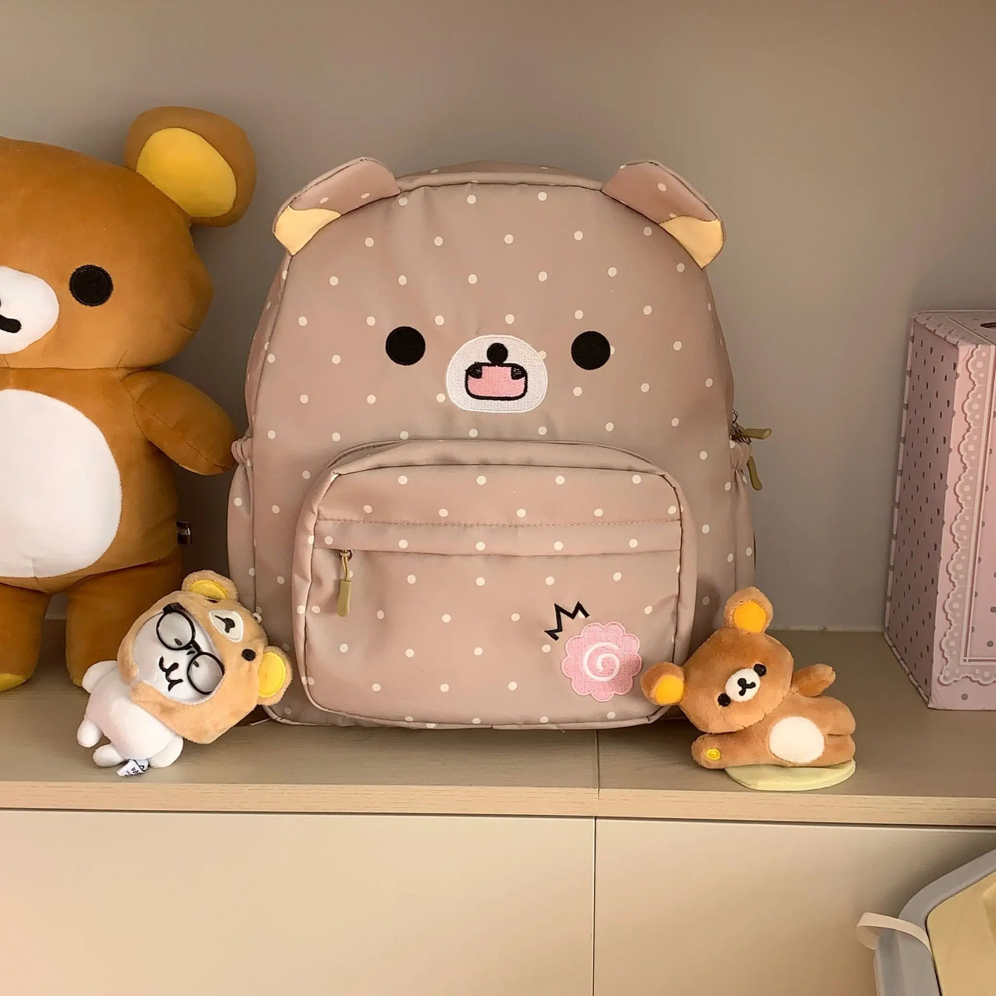 Fashion Casual Backpacks Polka Dot Cartoon Bear Ears Embroidery Student Backpack School Bag Sweet and Cute Kids' Bags