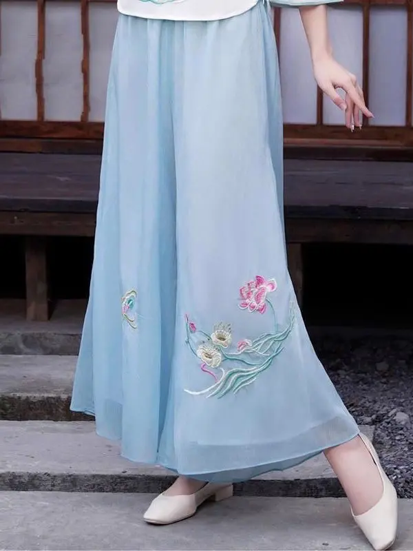 Retro Artistic Double Layer Pearl Embroidery Wide Leg Pants High Waist Casual Loose Fit Summer 2025 Nine Points Skirt Pants