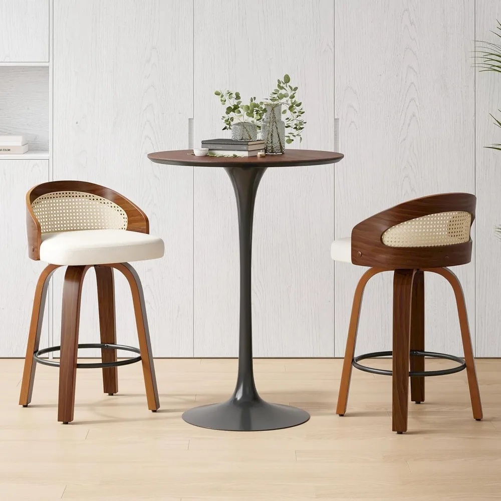 Juego de 2 taburetes de bar giratorios, estructura de madera moderna con respaldo de ratán, taburete de cuero pu para encimera de cocina, ba tapizado de mediados de siglo