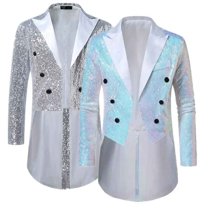2026 New Men Luxury Sequined Tuxedo Suit Double Breasted Coat White / Silver Fashion Singer Stage Performance Blazers