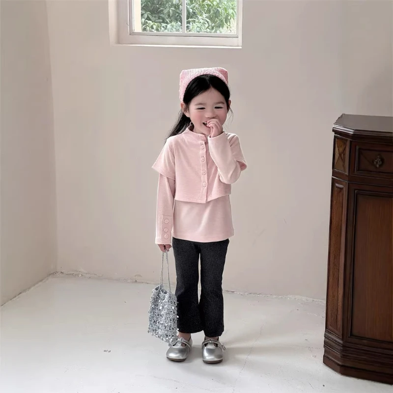 

2026 Spring New Girl's One Row Button Round Neck Two Sweet and Cute Solid Color Bottom Shirts