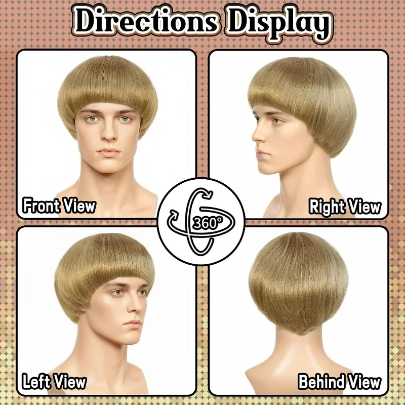 Short Blonde Bowl Cut Wig Blonde Mushroom Wigs Mens Bob Wig for Men Outfit 60s 70s Blond Bob Hair With Bangs Halloween Party view 3