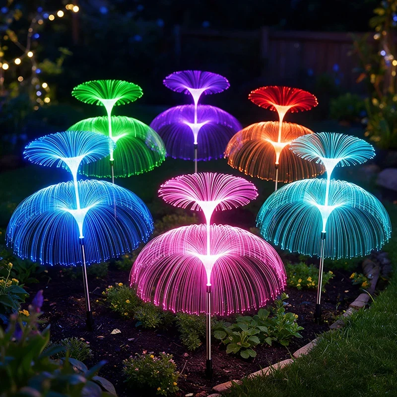 LED Solar Fiber Optic Jellyfish Stake Lights 7 Colors Auto Changing Waterproof Outdoor Landscape Lamp Garden Patio Xmas Decor