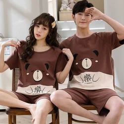 여름 커플 코튼 잠옷 세트 여성 남성 짧은 소매 반바지 잠옷 잠옷 만화 홈 의류 한국 연인 Homewear