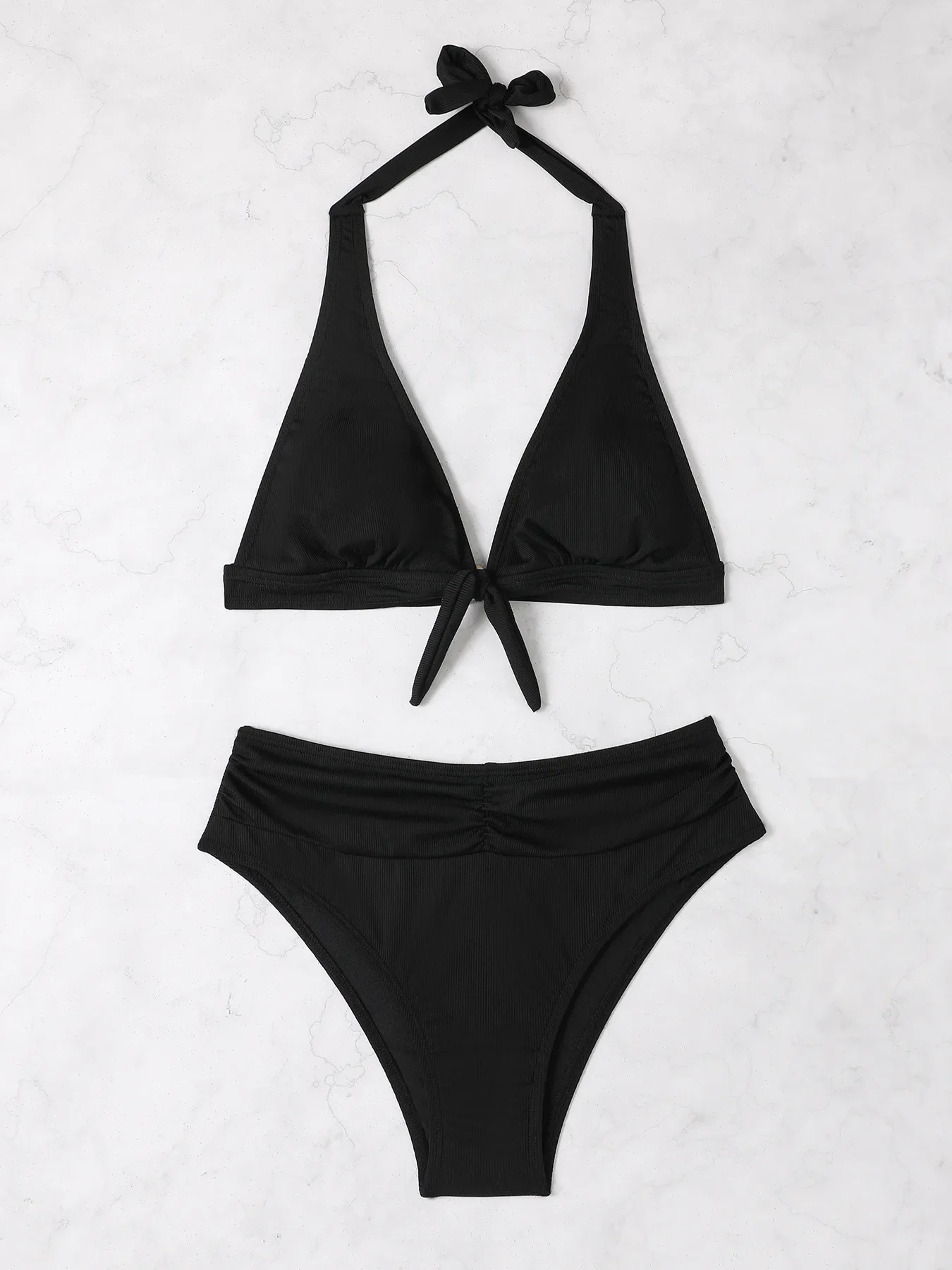 

Sexy Halter High Waisted Bikinis Sets Two Pieces Swimsuit Black Swimwear Female Knotted Brazilian Biquini Beachwear Bathing Suit